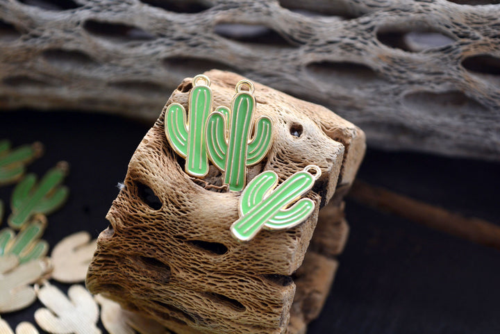 Green Saguaro Cactus Enamel Charm - 2 Pieces