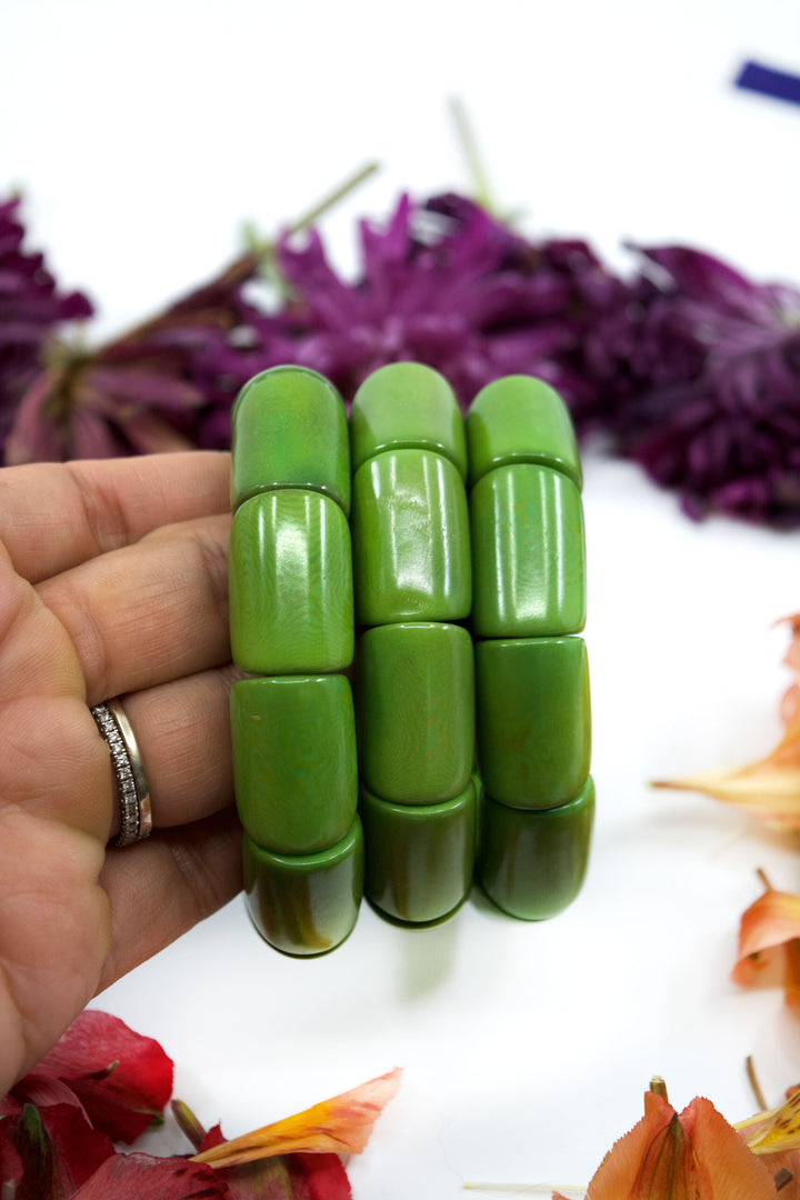 Forest Green: River Bead Stretch Tagua Bracelet / Eco Friendly Tagua Jewelry, Fair Trade Jewelry, Vegetable Ivory, Handmade Bracelets / Gifts