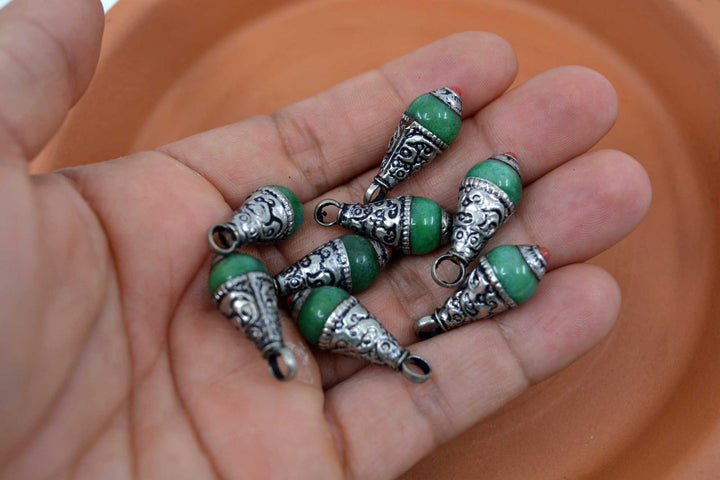 Green Magnesite Tear Drop Pendant with White Brass Cap, 10x26mm, 1 piece, 