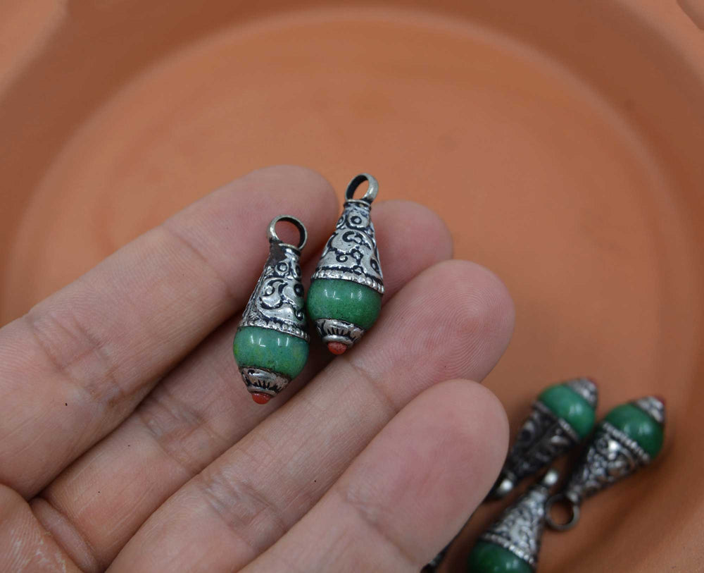 Green Magnesite Tear Drop Pendant with White Brass Cap, 10x26mm, 1 piece, 