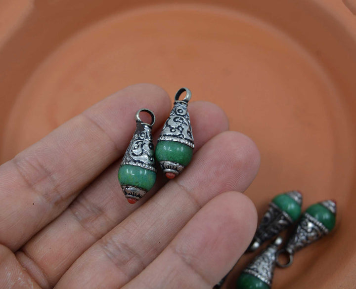 Green Magnesite Tear Drop Pendant with White Brass Cap, 10x26mm, 1 piece, 