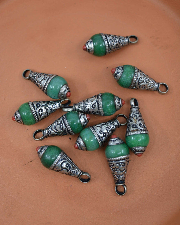 Green Magnesite Tear Drop Pendant with White Brass Cap, 10x26mm, 1 piece, 