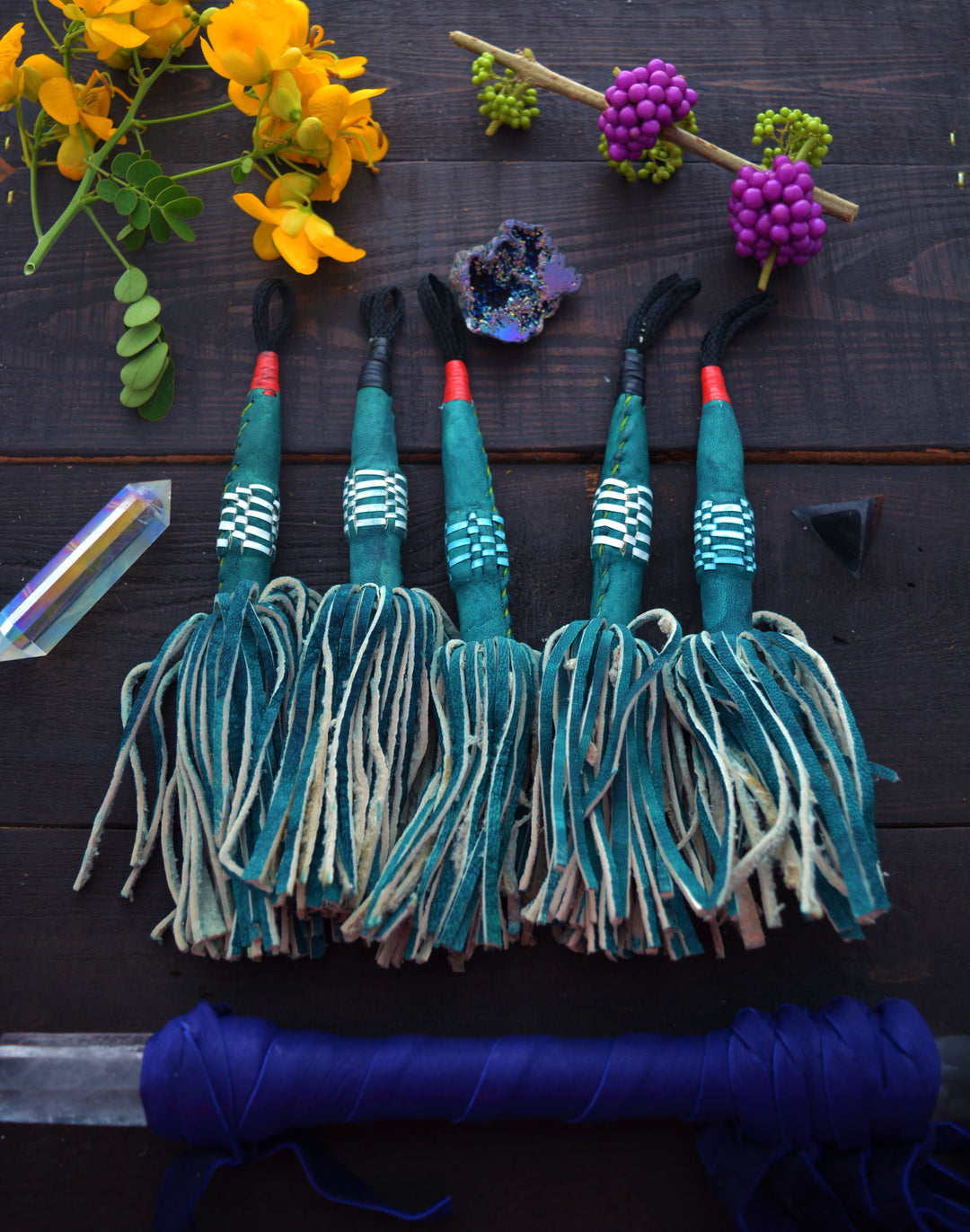 Green African Tuareg Leather Tassel, Single Layer, 8"