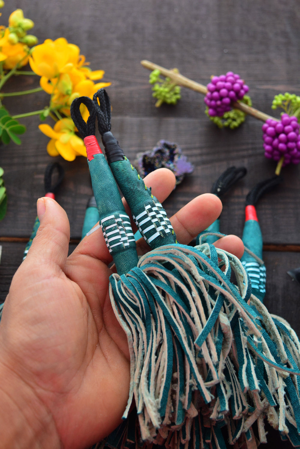Green African Tuareg Leather Tassel, Single Layer, 8"