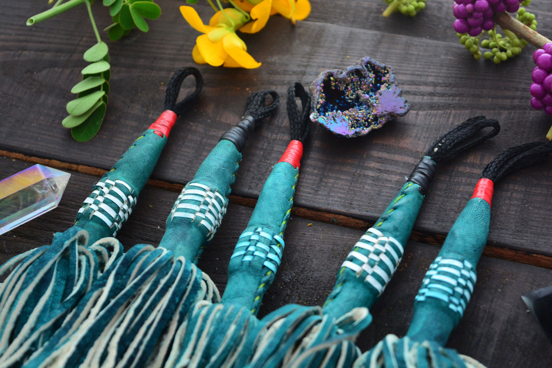 Green African Tuareg Leather Tassel, Single Layer, 8"