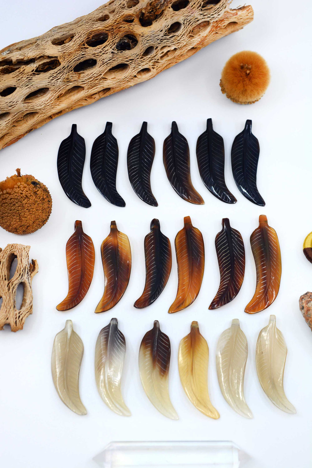 Horn Feathers: Carved Horn Leaf Pendant, 15x56mm, 2 pieces