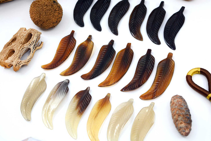Horn Feathers: Carved Horn Leaf Pendant, 15x56mm, 2 pieces