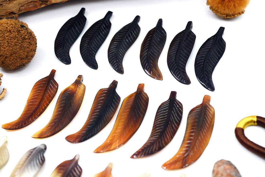 Horn Feathers: Carved Horn Leaf Pendant, 15x56mm, 2 pieces