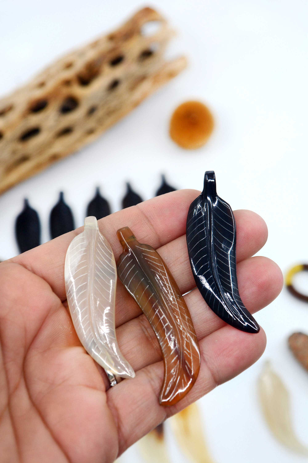 Horn Feathers: Carved Horn Leaf Pendant, 15x56mm, 2 pieces