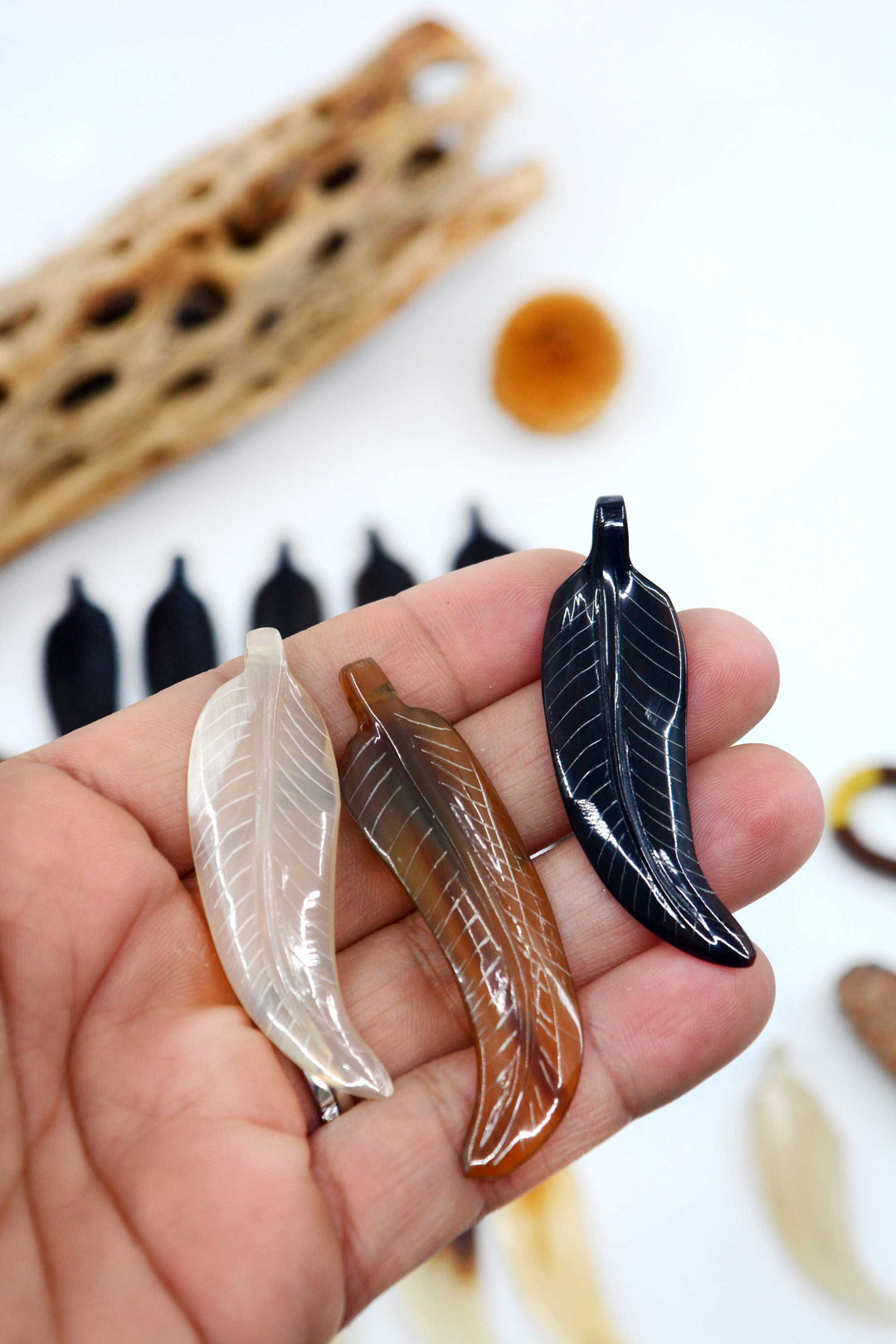 Horn Feathers: Carved Horn Leaf Pendant, 15x56mm, 2 pieces