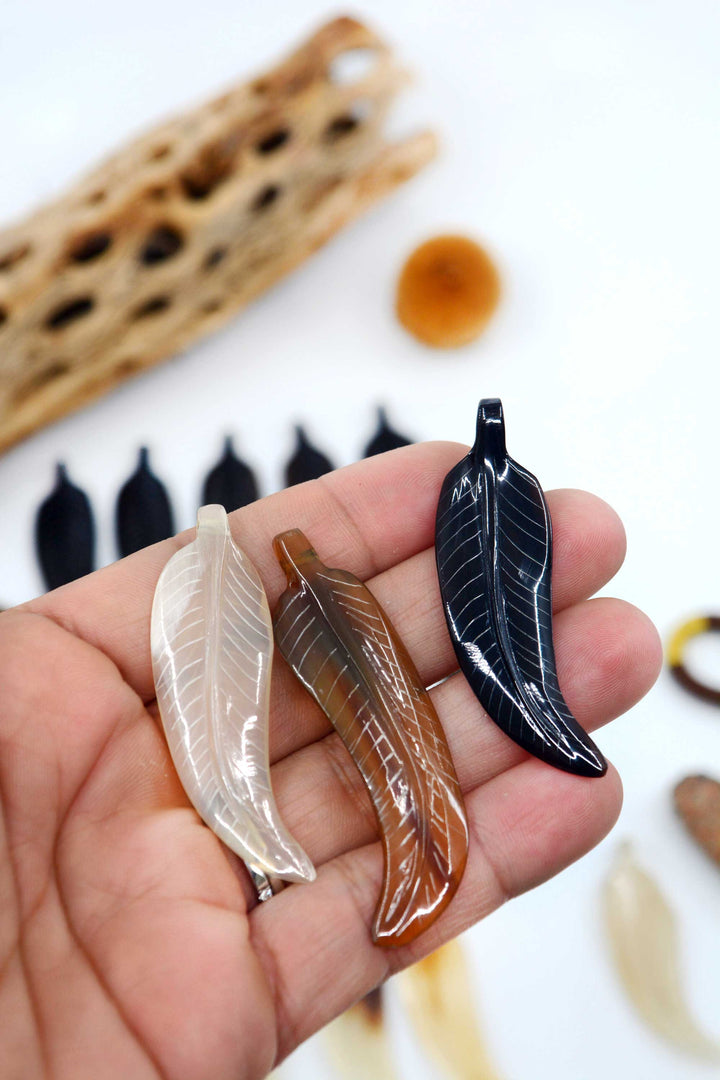 Horn Feathers: Carved Horn Leaf Pendant, 15x56mm, 2 pieces