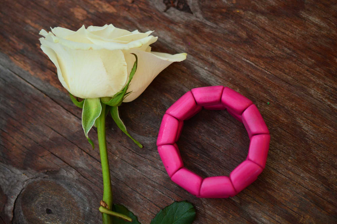 Hot Pink River Bead Stretch Tagua Bracelet