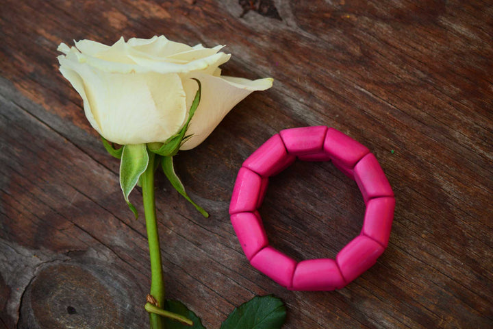 Hot Pink River Bead Stretch Tagua Bracelet