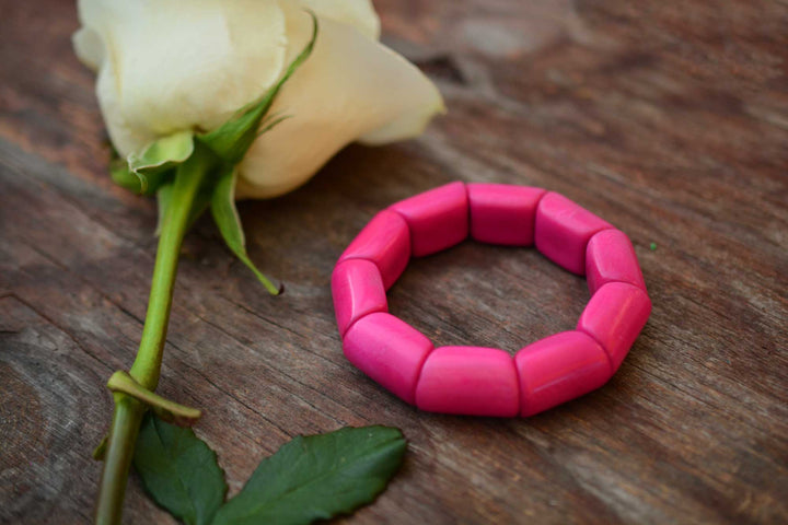 Hot Pink River Bead Stretch Tagua Bracelet