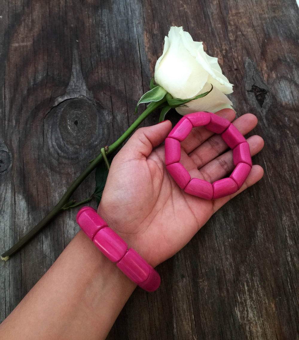 Hot Pink River Bead Stretch Tagua Bracelet