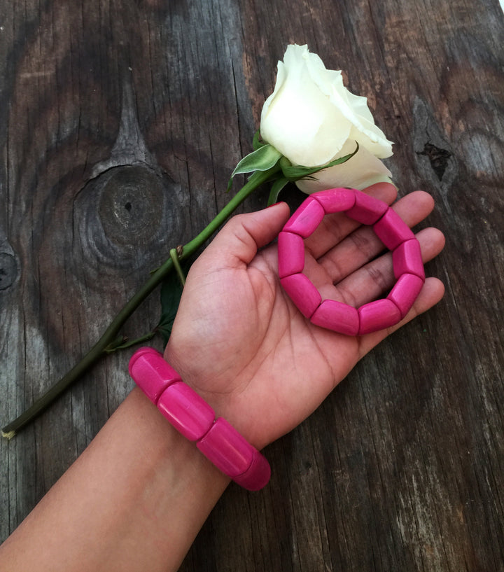 Hot Pink River Bead Stretch Tagua Bracelet