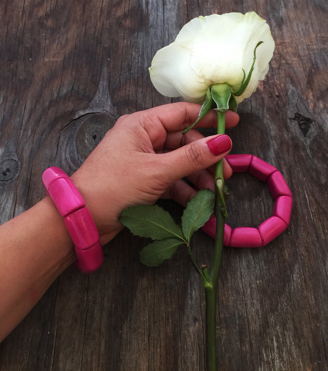 Hot Pink River Bead Stretch Tagua Bracelet