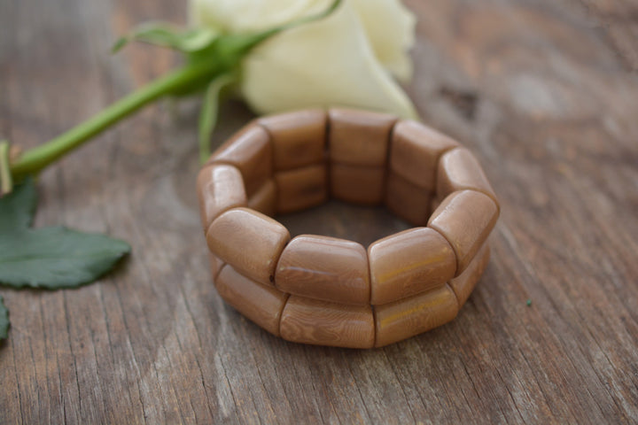 Khaki Brown River Bead Stretch Tagua Bracelet