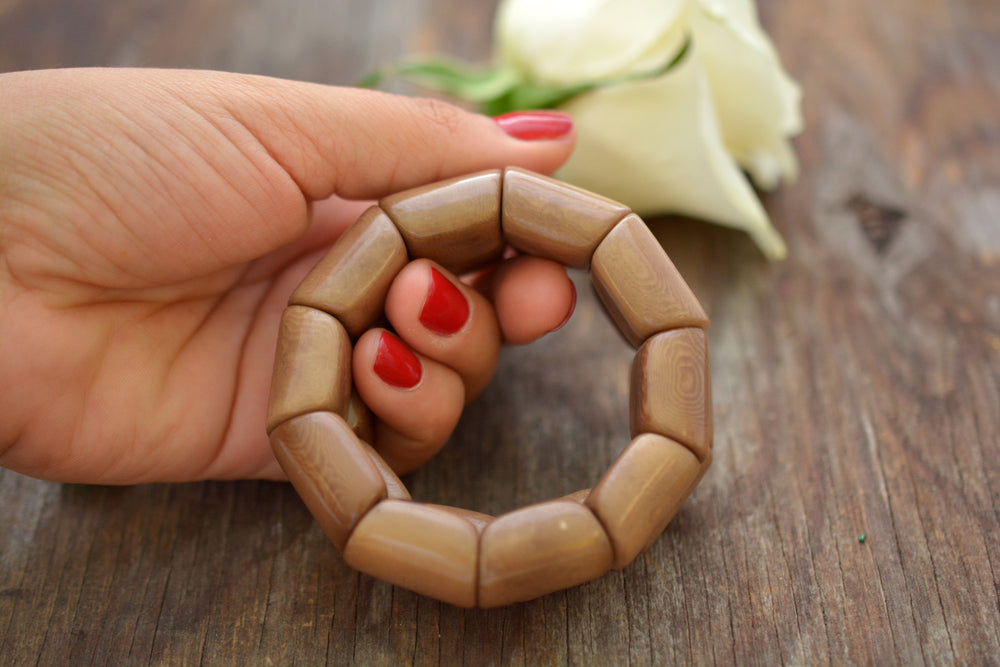 Khaki Brown River Bead Stretch Tagua Bracelet