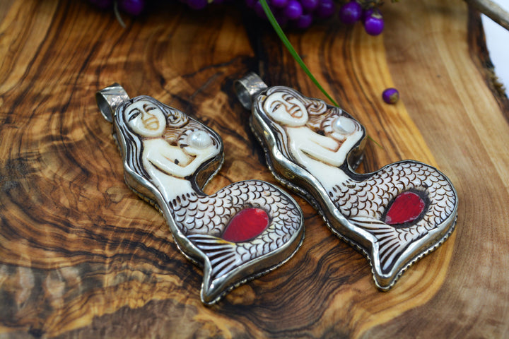 Lady of Waters: Hand-carved Mermaid Pendant, approximately 3" tall x 1 pendant / White Brass - Silver Adorned, Nepali Jewelry, Bohemian, Jewelry Pendant
