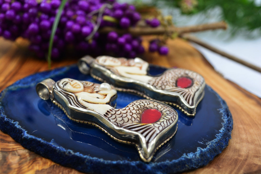 Lady of Waters: Hand-carved Mermaid Pendant, approximately 3" tall x 1 pendant / White Brass - Silver Adorned, Nepali Jewelry, Bohemian, Jewelry Pendant