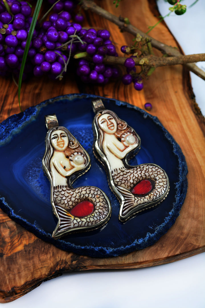 Lady of Waters: Hand-carved Mermaid Pendant, approximately 3" tall x 1 pendant / White Brass - Silver Adorned, Nepali Jewelry, Bohemian, Jewelry Pendant