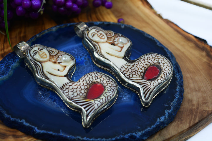 Lady of Waters: Hand-carved Mermaid Pendant, approximately 3" tall x 1 pendant / White Brass - Silver Adorned, Nepali Jewelry, Bohemian, Jewelry Pendant