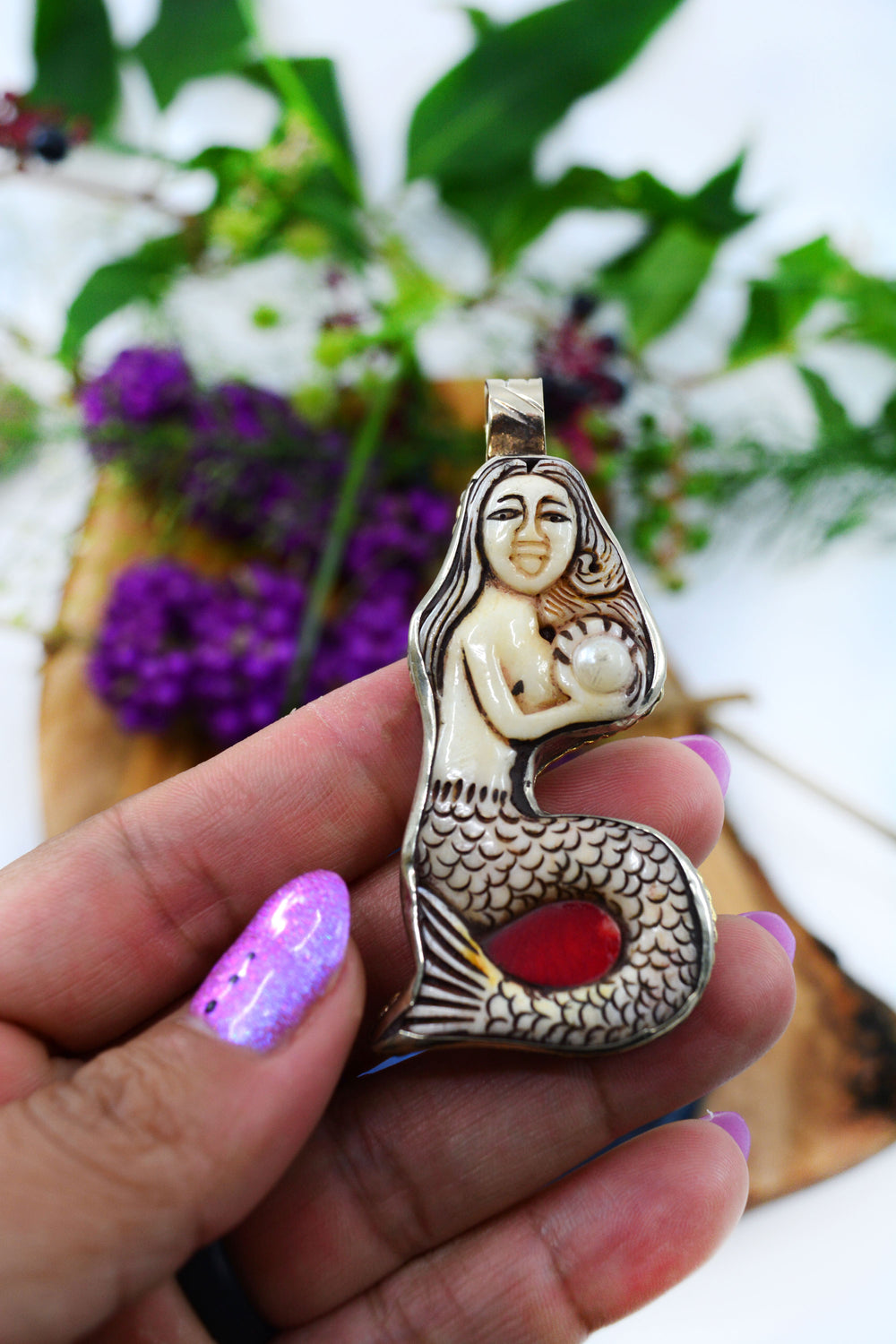Lady of Waters: Hand-carved Mermaid Pendant, approximately 3" tall x 1 pendant / White Brass - Silver Adorned, Nepali Jewelry, Bohemian, Jewelry Pendant