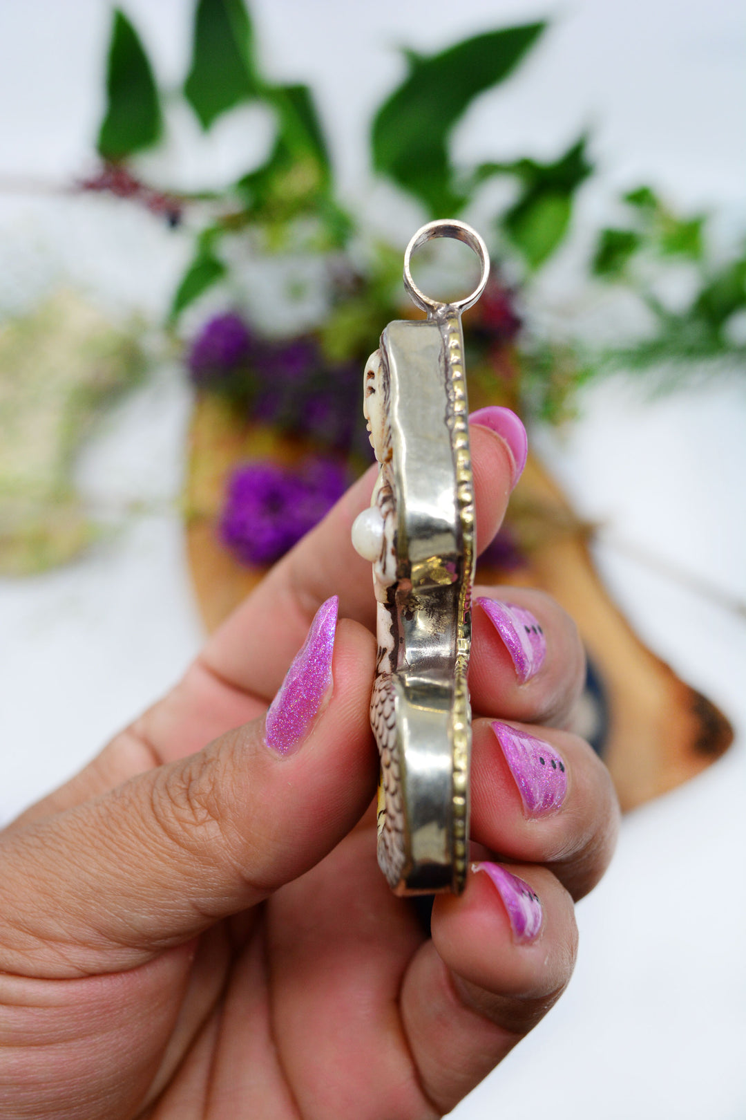 Lady of Waters: Hand-carved Mermaid Pendant, approximately 3" tall x 1 pendant / White Brass - Silver Adorned, Nepali Jewelry, Bohemian, Jewelry Pendant