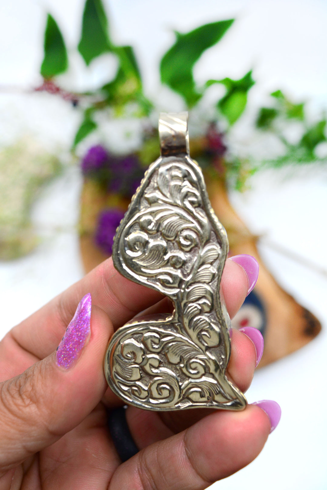 Lady of Waters: Hand-carved Mermaid Pendant, approximately 3" tall x 1 pendant / White Brass - Silver Adorned, Nepali Jewelry, Bohemian, Jewelry Pendant