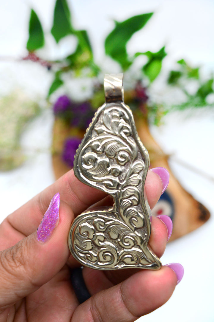 Lady of Waters: Hand-carved Mermaid Pendant, approximately 3" tall x 1 pendant / White Brass - Silver Adorned, Nepali Jewelry, Bohemian, Jewelry Pendant