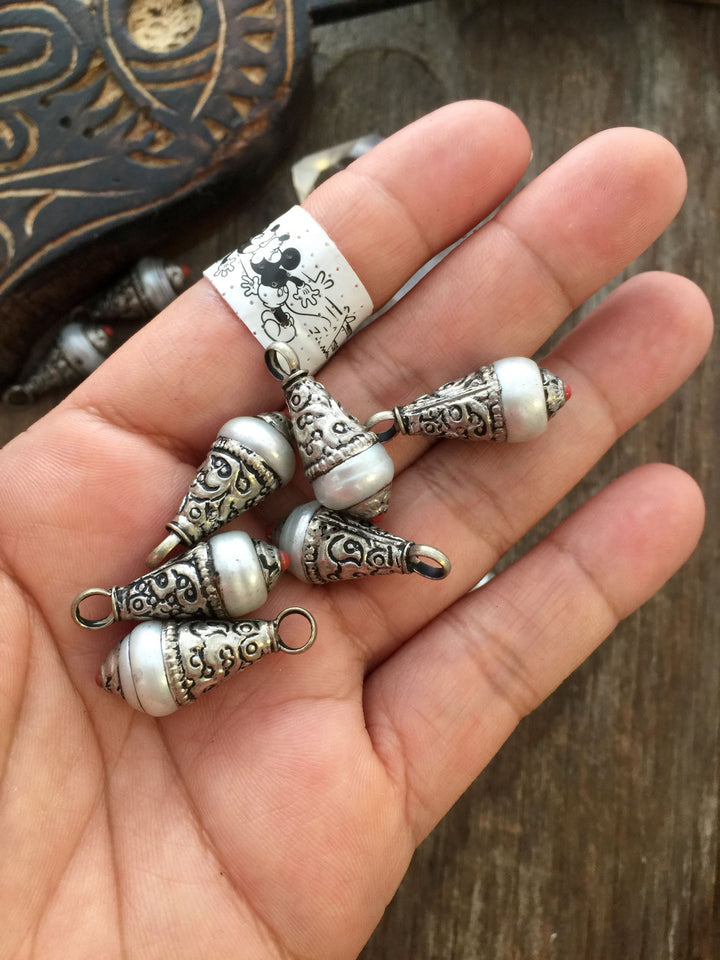 Pearl Nepali Tear Drop Pendant with Brass White Cap, 10x26mm, 1 piece