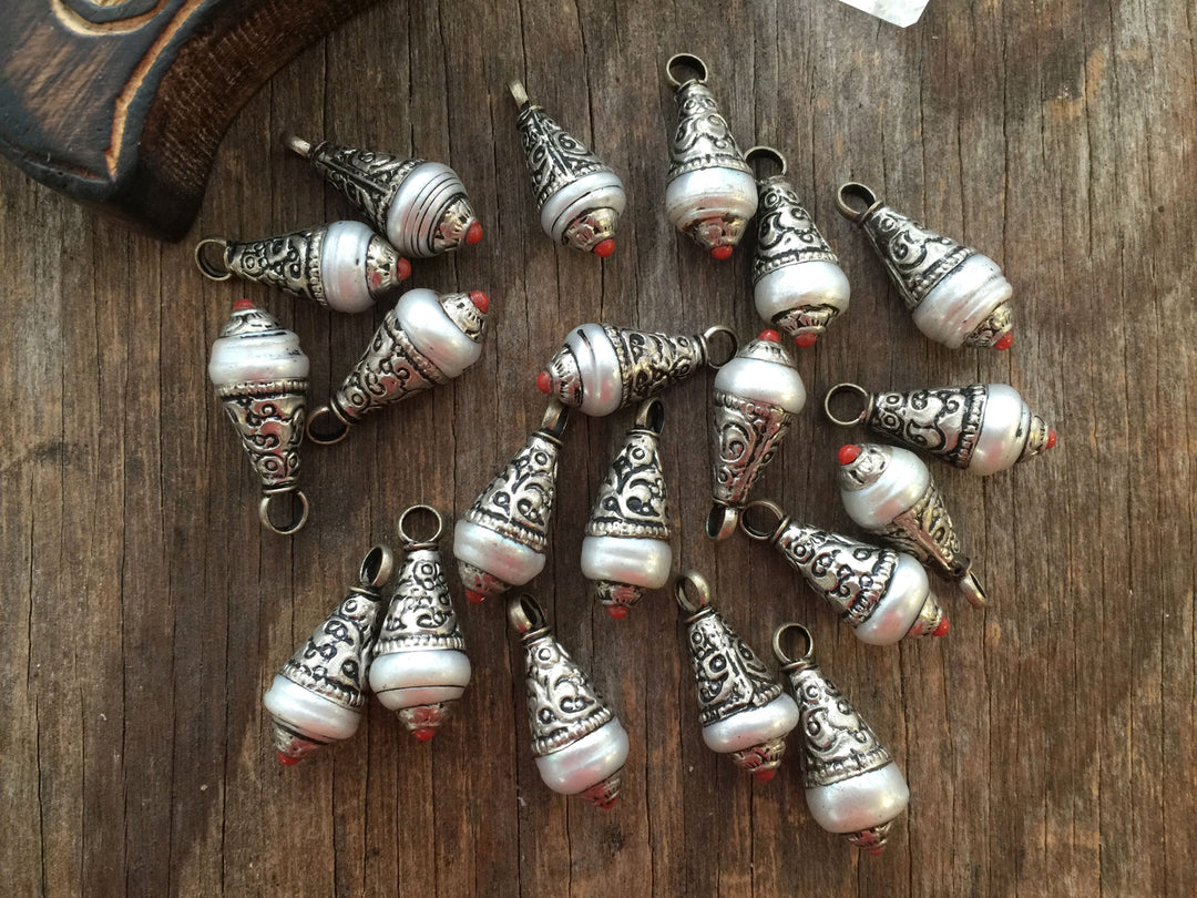 Pearl Nepali Tear Drop Pendant with Brass White Cap, 10x26mm, 1 piece