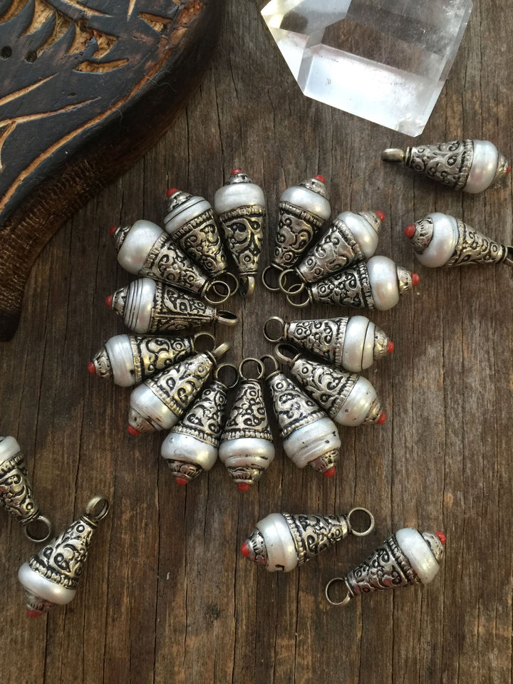 Pearl Nepali Tear Drop Pendant with Brass White Cap, 10x26mm, 1 piece