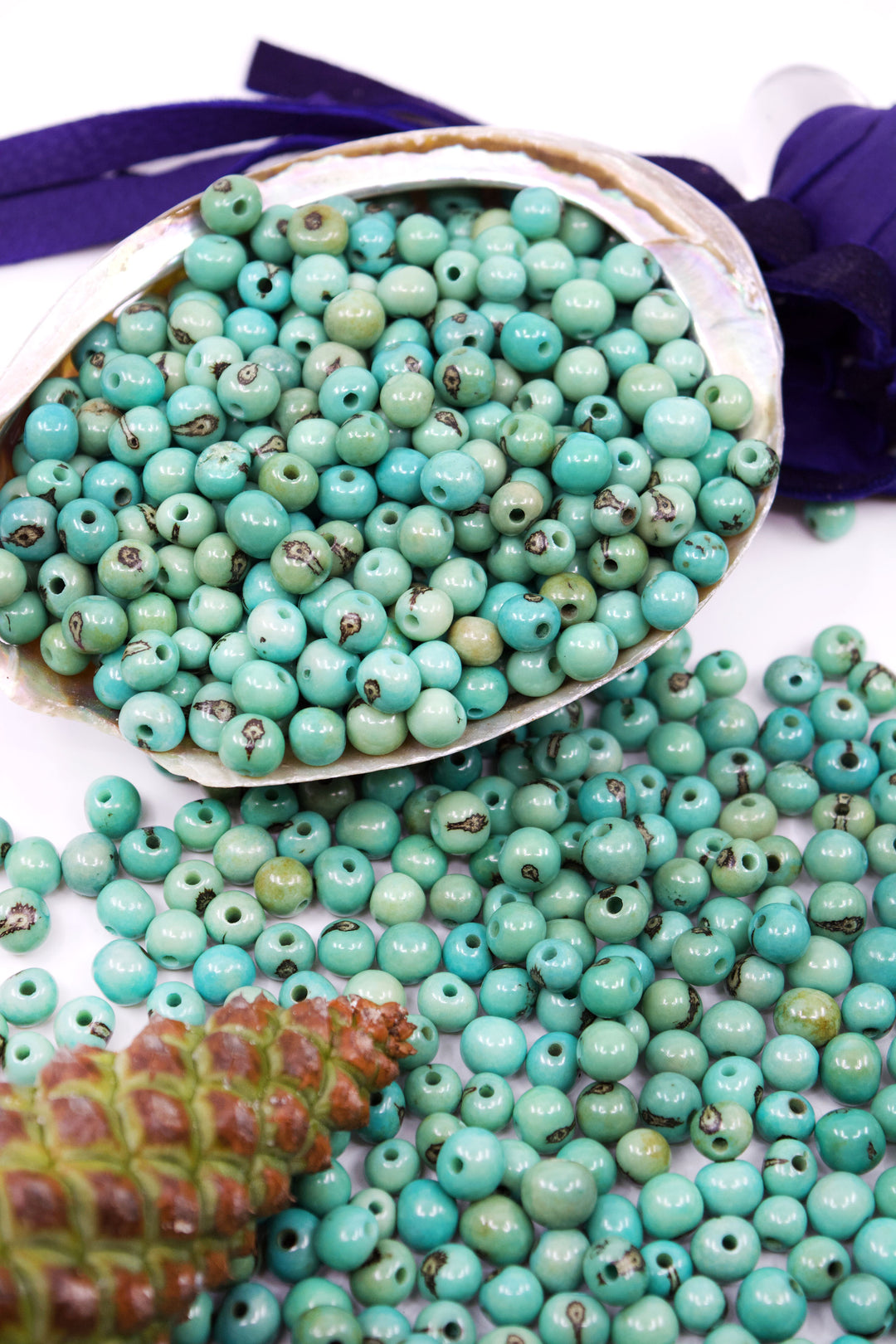 Seafoam Blue acai beads displayed in a seashell showing the variance in bead sizes.