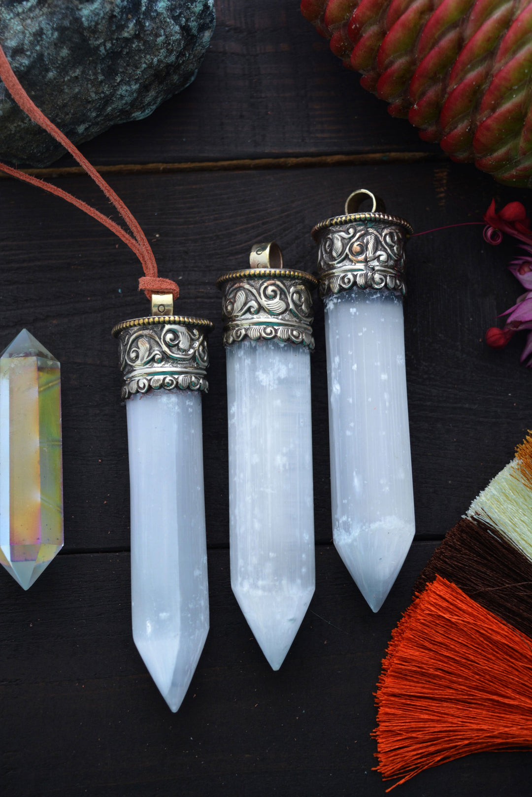 Bright Light: Large Selenite Tusk Pendant with Silver Bezel, 4", 1 piece