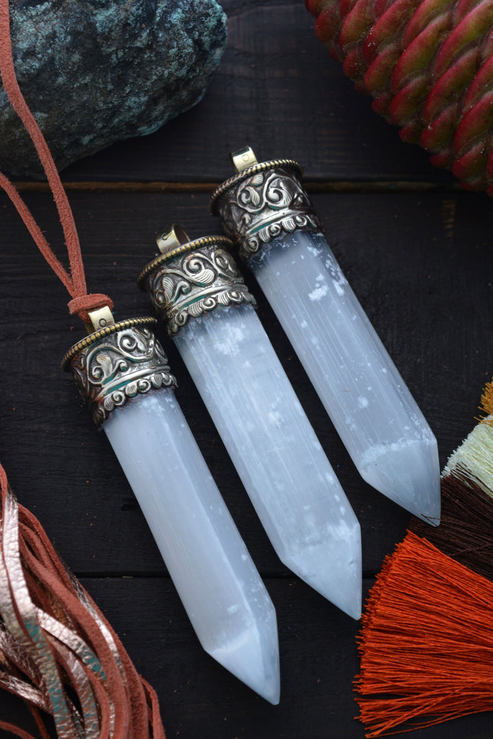 Bright Light: Large Selenite Tusk Pendant with Silver Bezel, 4", 1 piece