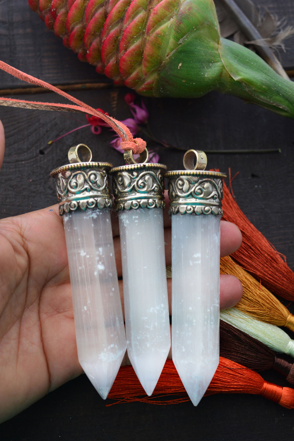 Bright Light: Large Selenite Tusk Pendant with Silver Bezel, 4", 1 piece