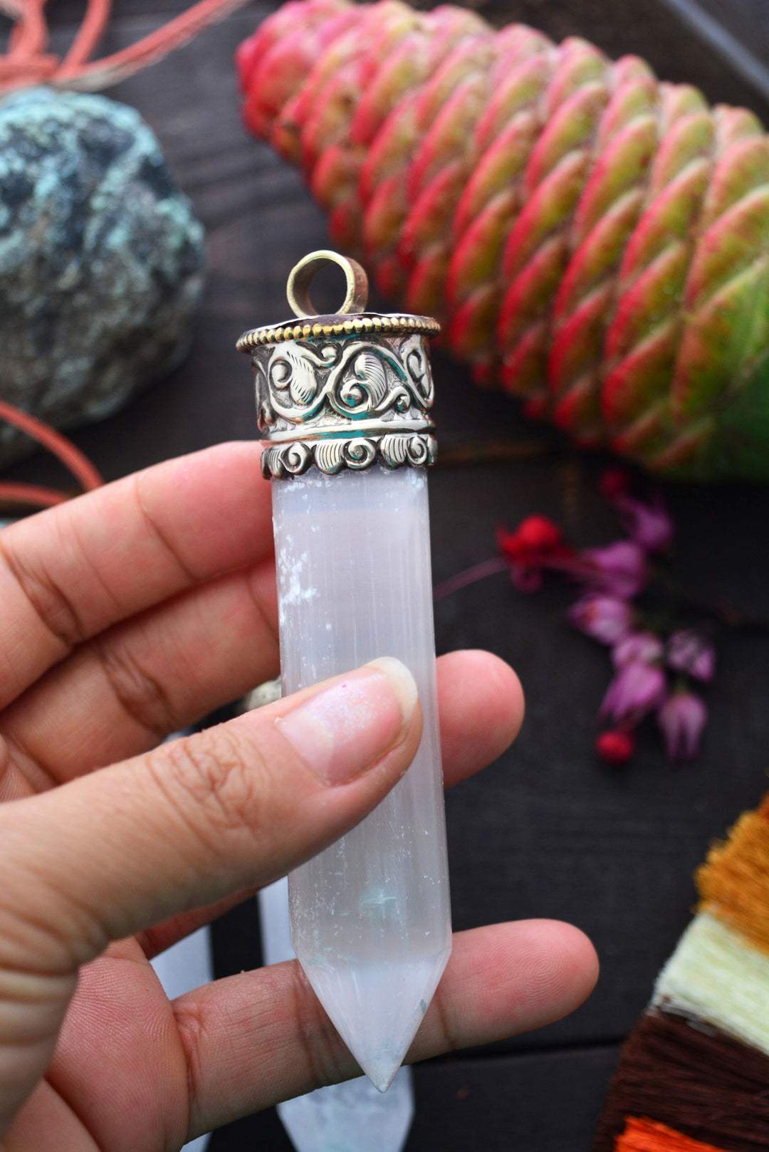 Bright Light: Large Selenite Tusk Pendant with Silver Bezel, 4", 1 piece