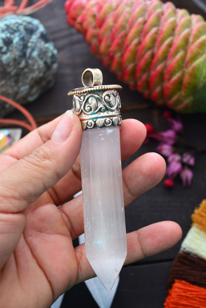 Bright Light: Large Selenite Tusk Pendant with Silver Bezel, 4", 1 piece
