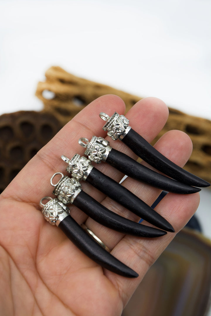 Black Bone Tusk with Silver Flower Bezel, 55mm