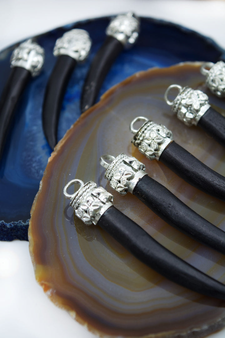 Black Bone Tusk with Silver Flower Bezel, 55mm