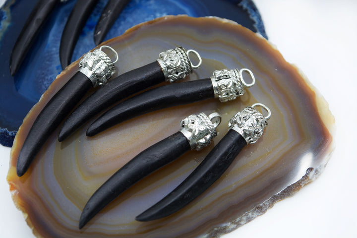 Black Bone Tusk with Silver Flower Bezel, 55mm