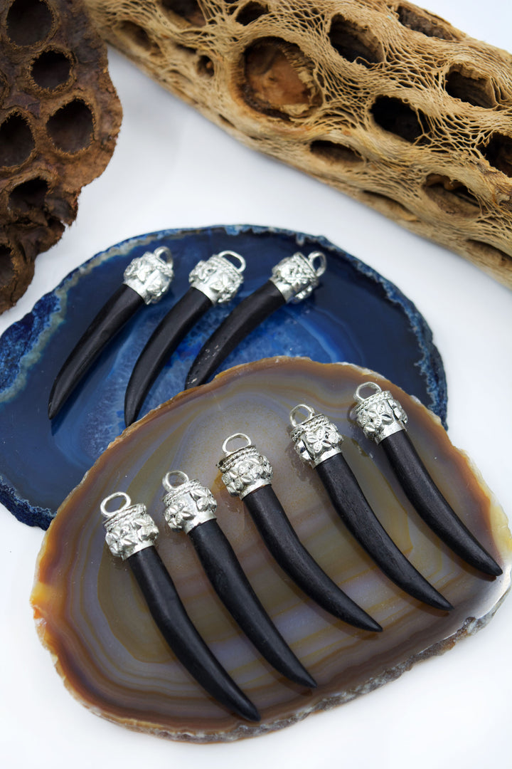 Black Bone Tusk with Silver Flower Bezel, 55mm