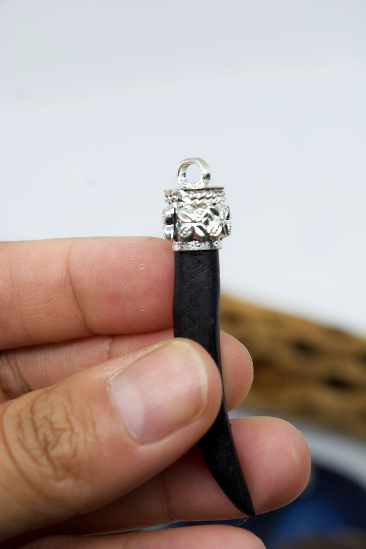 Black Bone Tusk with Silver Flower Bezel, 55mm