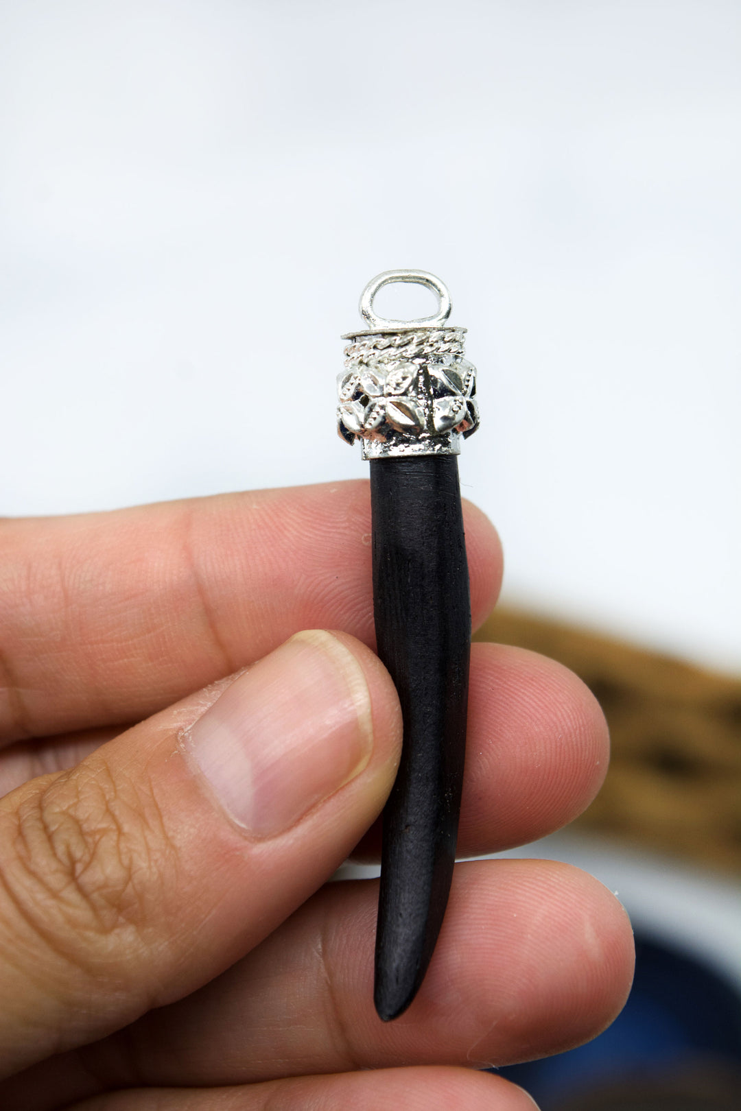 Black Bone Tusk with Silver Flower Bezel, 55mm
