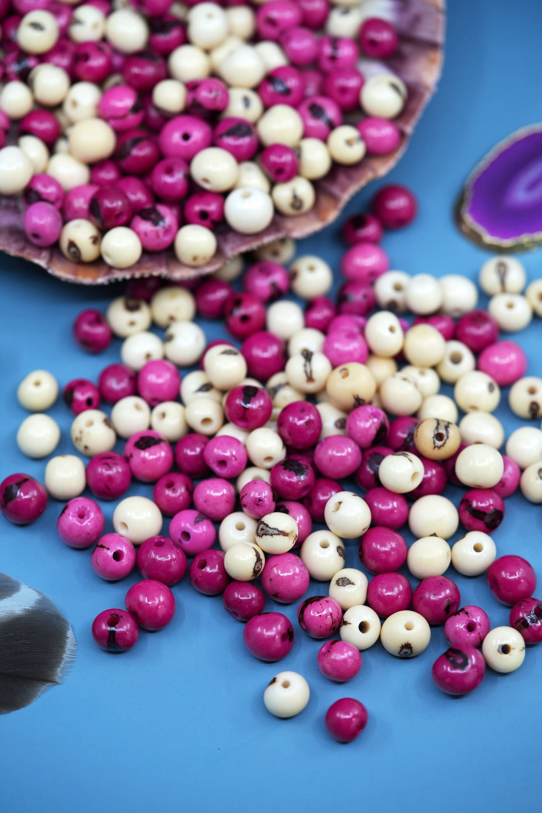 Assortment of different sizes of natural Beads, Acai Beads.