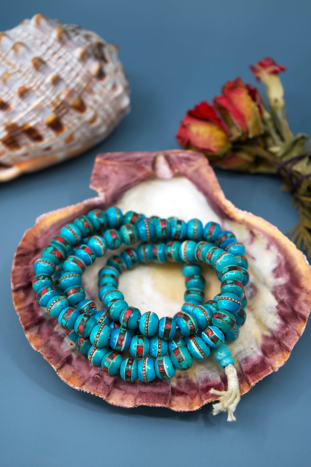 Turquoise Blue: 10mm Inlaid Yak Bone Beads from Nepal, 10 beads