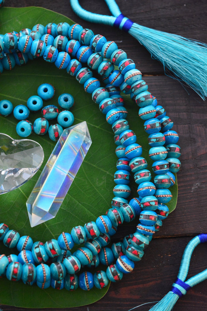Turquoise Blue: 10mm Inlaid Yak Bone Beads from Nepal, 10 beads