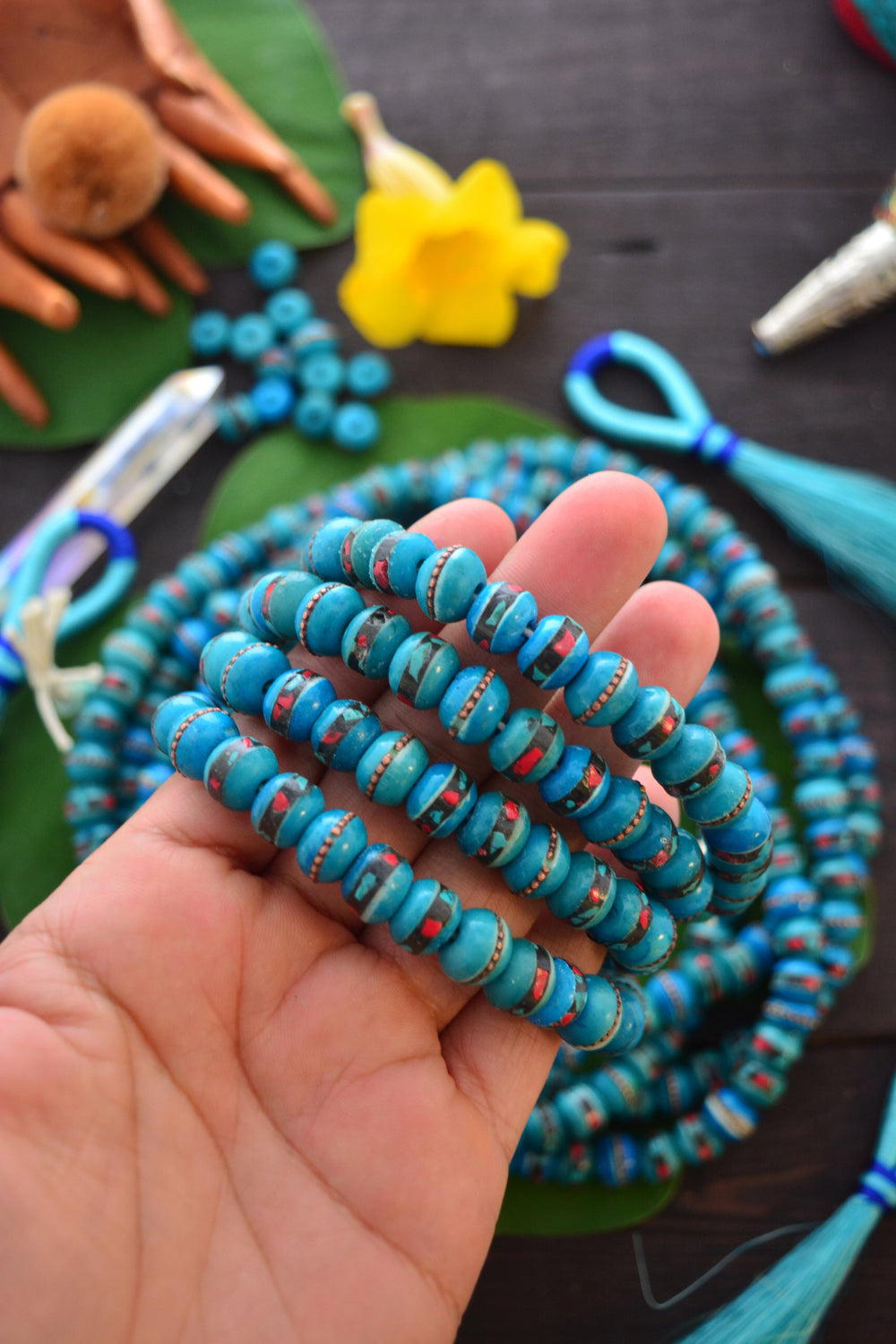 Turquoise Blue: 10mm Inlaid Yak Bone Beads from Nepal, 10 beads